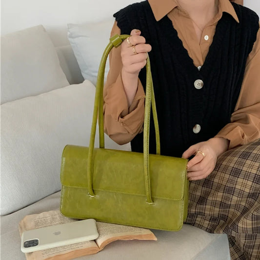 Retro Simple Women'S Underarm Bag Vintage Green Ladies Square Shoulder Bags Winter Fashion Female Tote Purse Top Handle Handbags